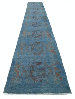 3.2x19.6 ft Handmade Blue, Brown Long Runner Rug. Floral Hallway Rug. 100% Wool