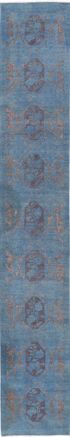 3.2x19.6 ft Handmade Blue, Brown Long Runner Rug. Floral Hallway Rug. 100% Wool