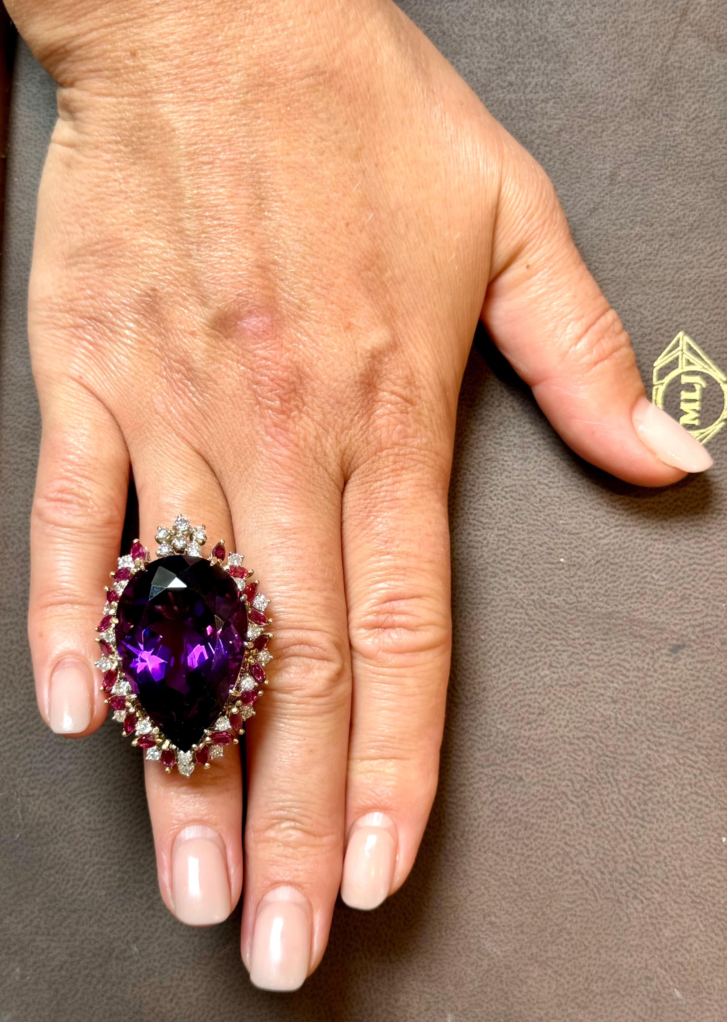 32X23 MM PERLA Amatista , Diamante y Rubí Anillo de Cóctel de Oro Amarillo de 14 Kt, Años 60 en venta 11