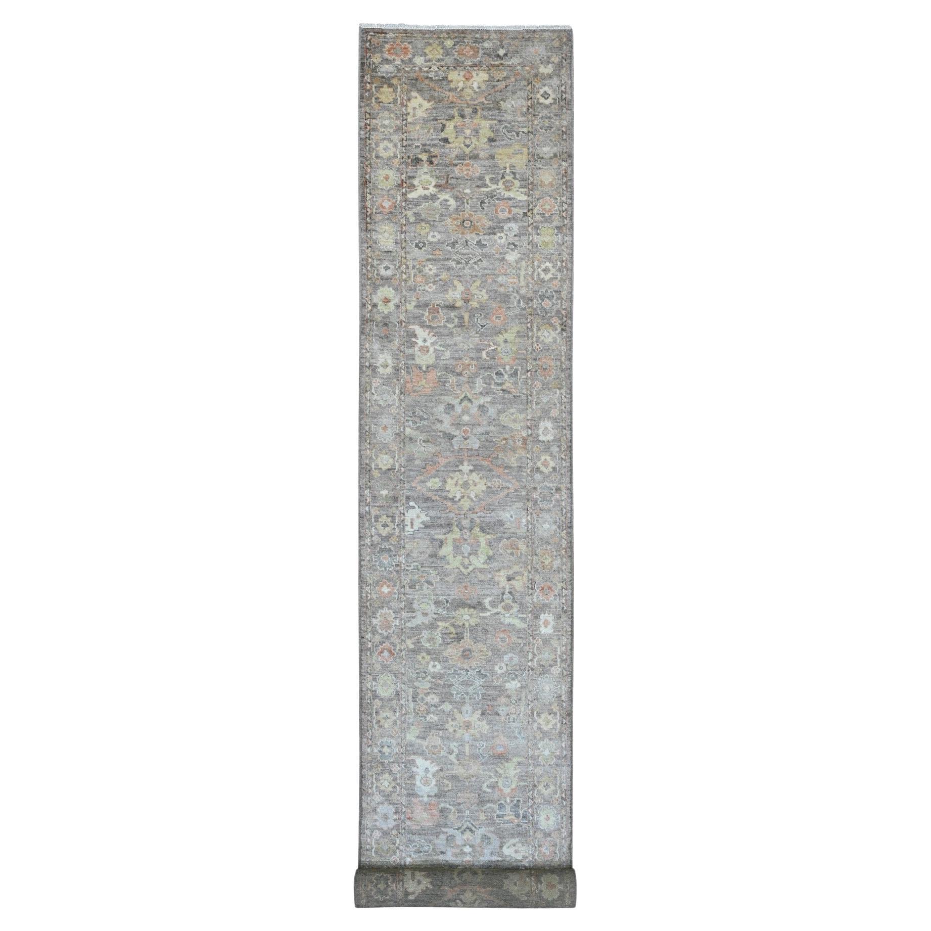 3'2"x23'7" Brown Hand Knotted Afghan Angora Oushak Leaf Design Wool Runner Rug en vente