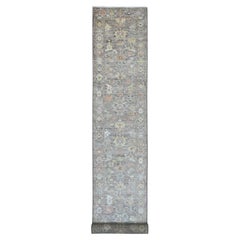 3'2"x23'7" Brown Hand Knotted Afghan Angora Oushak Leaf Design Wool Runner Rug