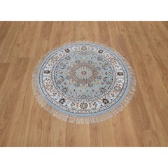 3'2"x3'2" Light Blue Wool & Silk Nain Medallion Design Hand Knotted Round Rug