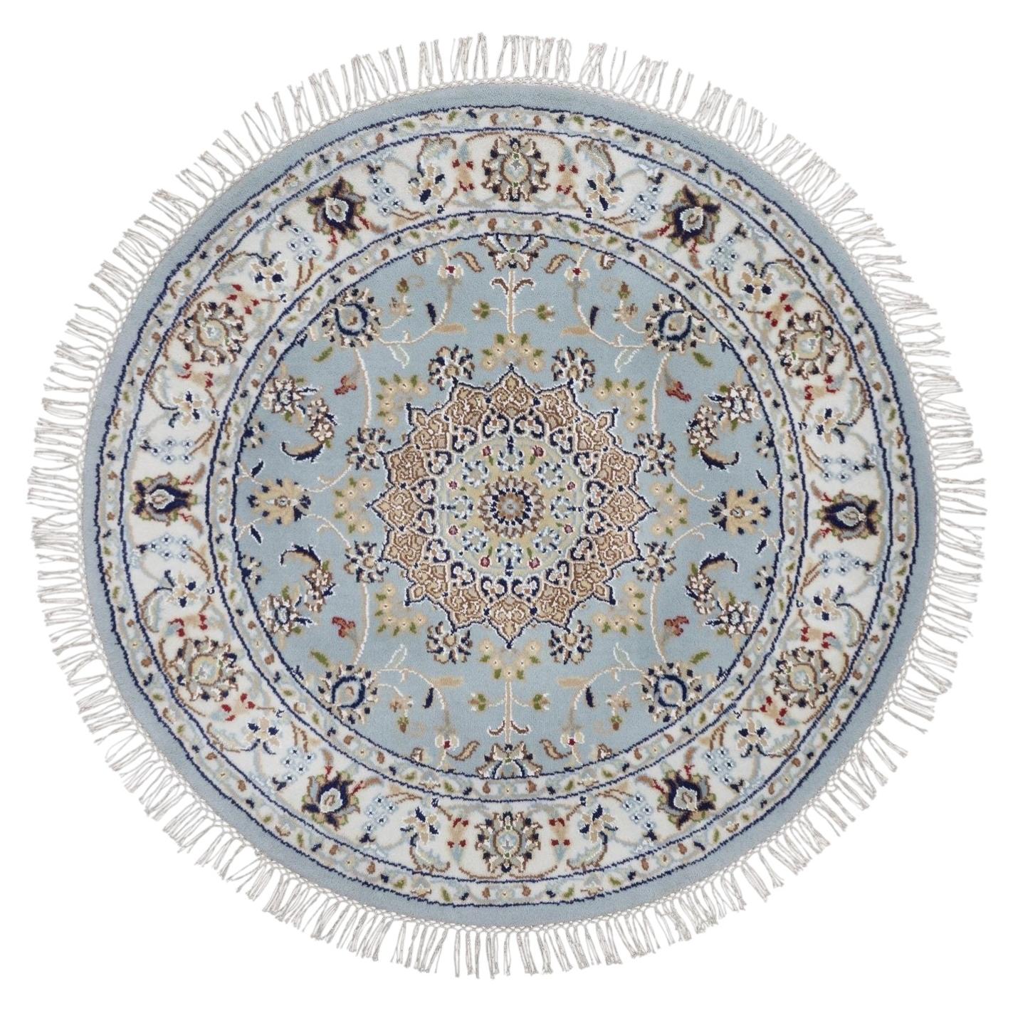 3'2"x3'2" Light Blue Wool & Silk Nain Medallion Design Hand Knotted Round Rug
