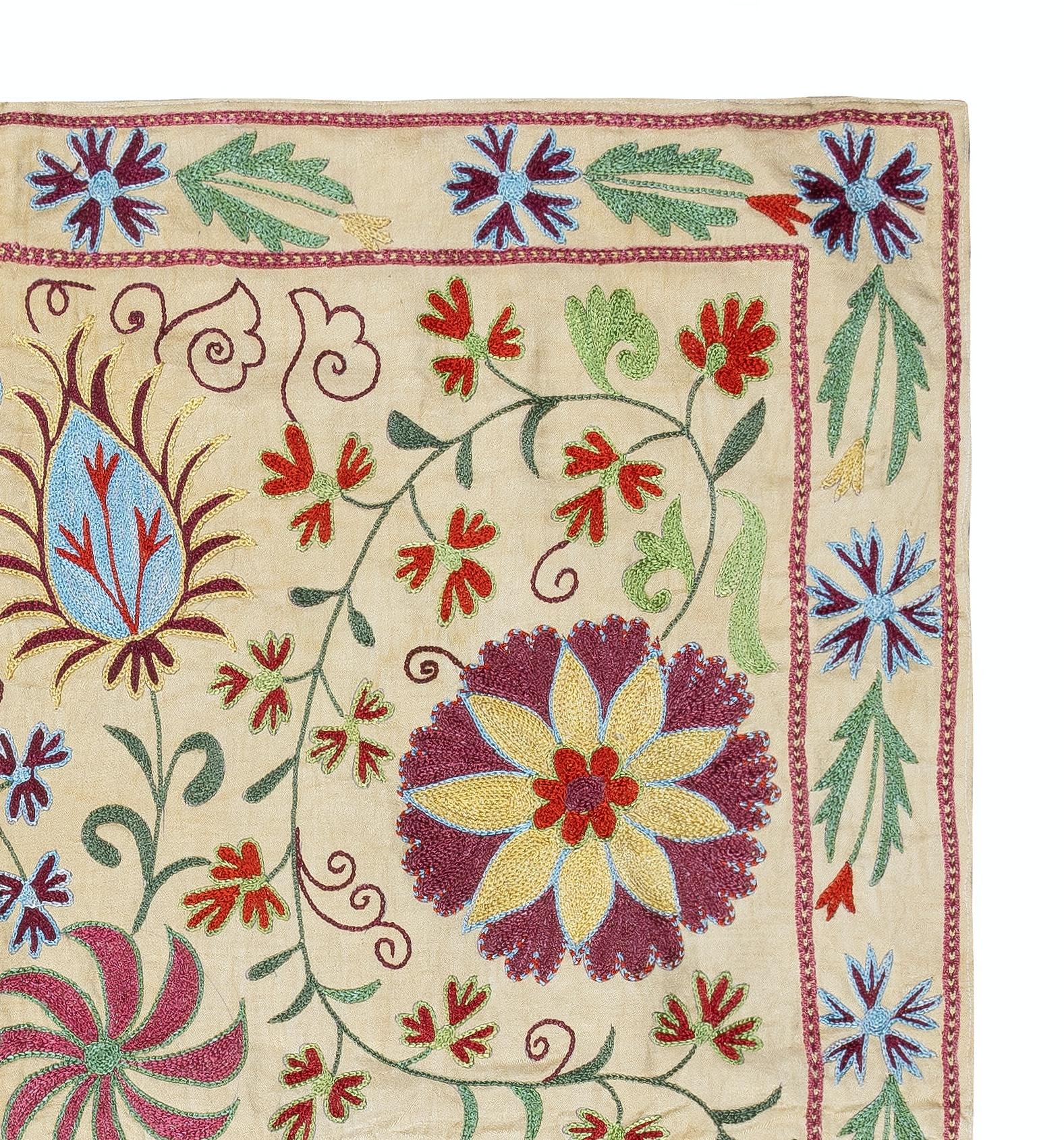 Suzani 3.2x3.3 Ft Silk Embroidery Wall Hanging. Modern Tapestry. Handmade Tablecloth