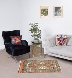 32"x37" Vintage Turkish Wool Accent Rug, Handmade Geometric Design Wall Hanging