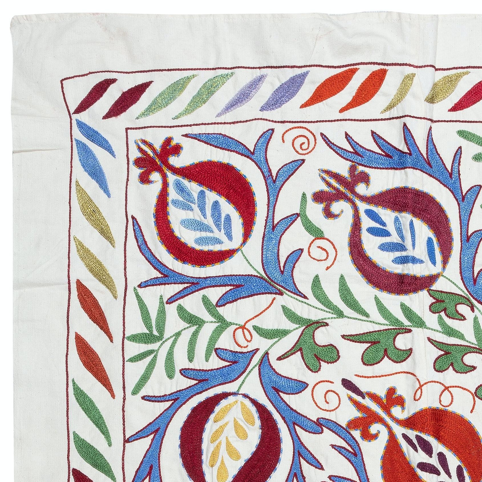 Introducing our exquisite new suzani hand embroidered wall hanging, a captivating piece that combines ancient craftsmanship with modern artistry. This embroidered cloth is not just a suzani throw, but a remarkable suzani wall hanging that will