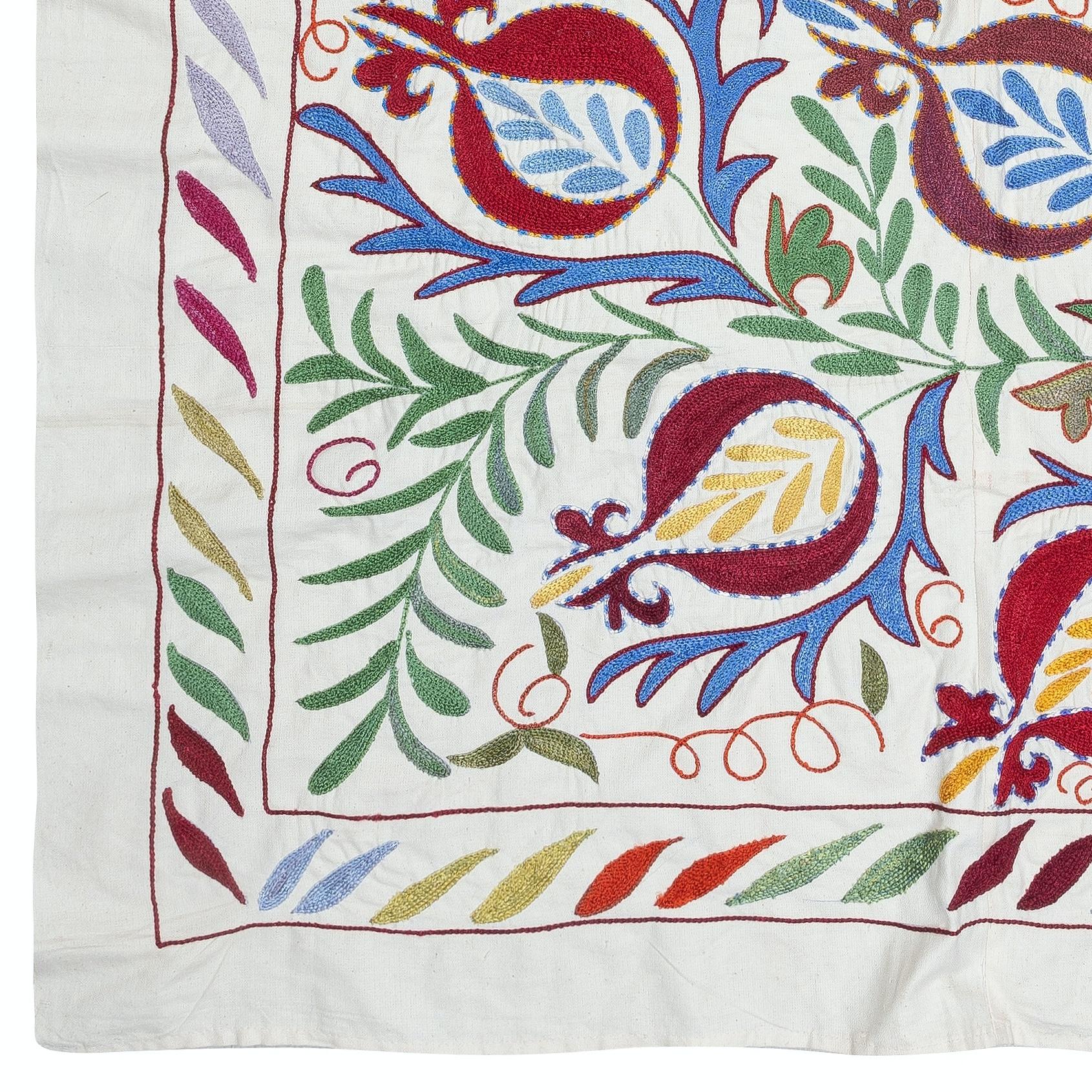 Central Asian 3.2x4 Ft Modern Embroidered Wall Hanging, Floral Design Silk & Cotton Tablecloth For Sale