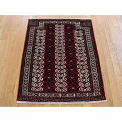 3'2"x4'1" Maroon Red, Turkoman Repetitive Design, Pure Wool, Hand Knotted Rug