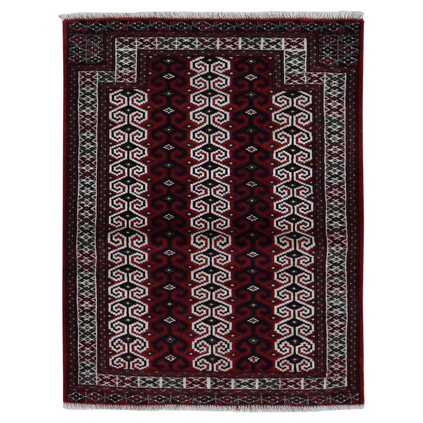 3
2"x4
1" Maroon Red, Turkoman Repetitive Design, Pure Wool, Hand Knotted Rug For Sale