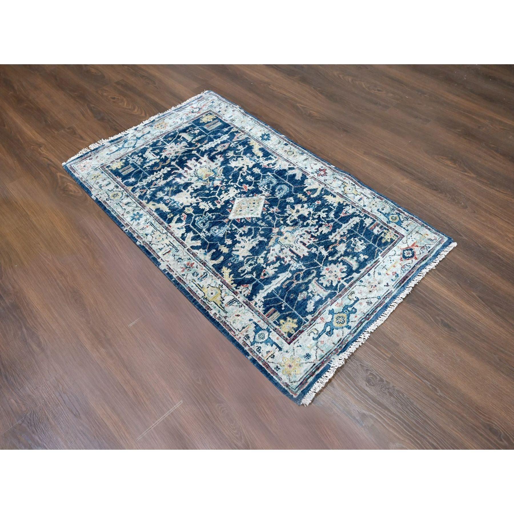 Navy Blue, Broken and Erased Persian Heriz All Over Design, Soft Color Palette, Denser Weave, Hand Knotted, 100% Wool, Oriental Rug
Primary materials: Wool
Latex: No Pile 
height: 0.25 Inches
Style: Traditional
Primary color: Blue
Secondary colors: