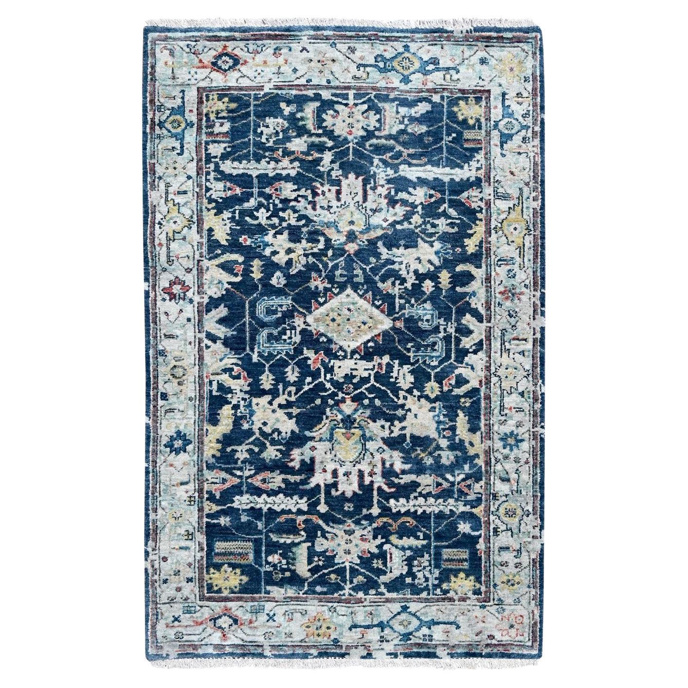 3'2"x4'10" Blue Erased Persian Heriz All Over Design Hand Knotted Pure Wool Rug