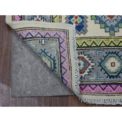 3'2 "x4'10" Colorful Ivory Fusion Kazak Tappeto orientale in lana organica annodato a mano