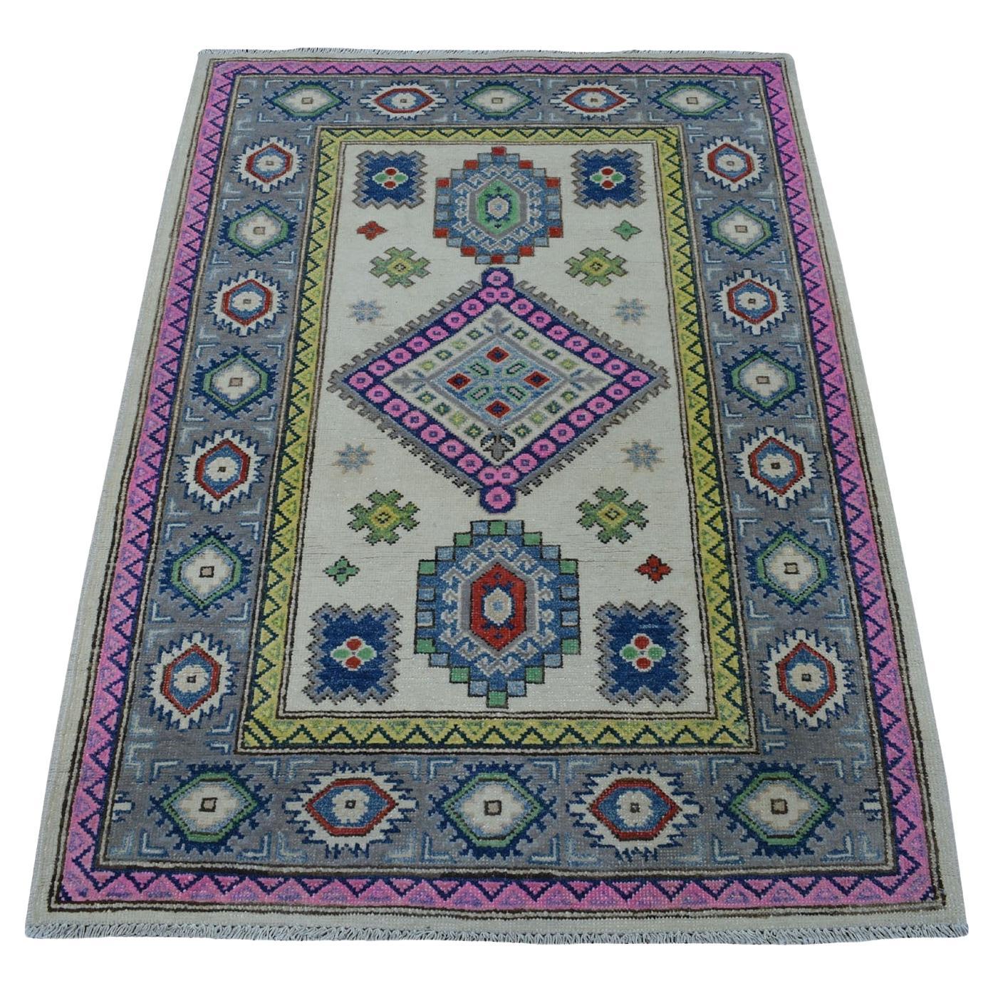 3'2"x4'10" Colorful Ivory Fusion Kazak Organic Wool Hand Knotted Oriental Rug
