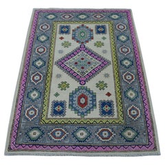 3'2"x4'10" Colorful Ivory Fusion Kazak Organic Wool Hand Knotted Oriental Rug
