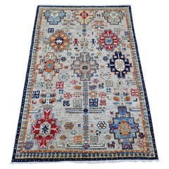 3'2"x4'10" Gray Afghan Ersari Caucasian Design Revival Hand Knotted Wool Rug