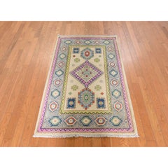 3'2"x4'10" Ivory Fusion Kazak with Geometric Design Hand Knotted Pure Wool Rug