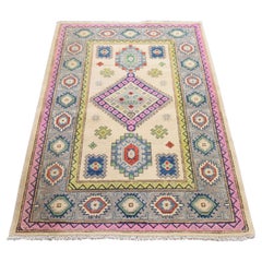 3'2"x4'10" Ivory Fusion Kazak with Geometric Design Hand Knotted Pure Wool Rug