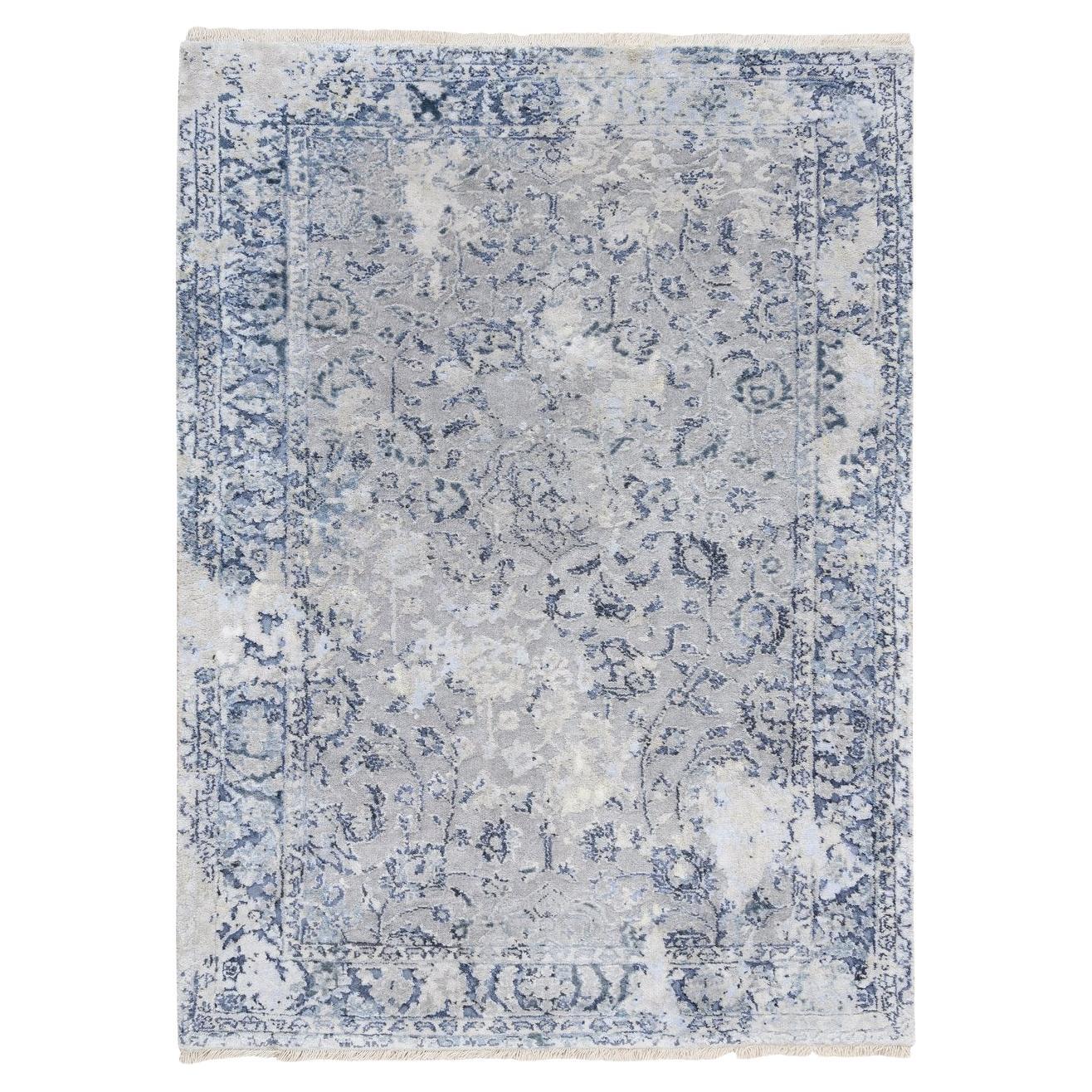 3'2 "x4'10" Laine et soie pure nouées à la main Gris Broken Kashan Design Rugs en vente
