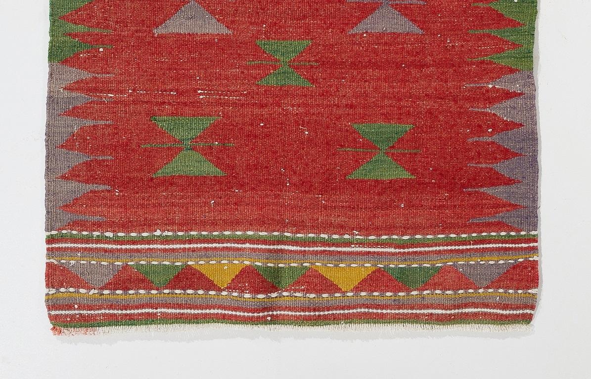 Turkish 3.2x4.2 ft Vintage Swedish Kilim. Flat-Weave Rug in Red, Green, Yellow & Gray