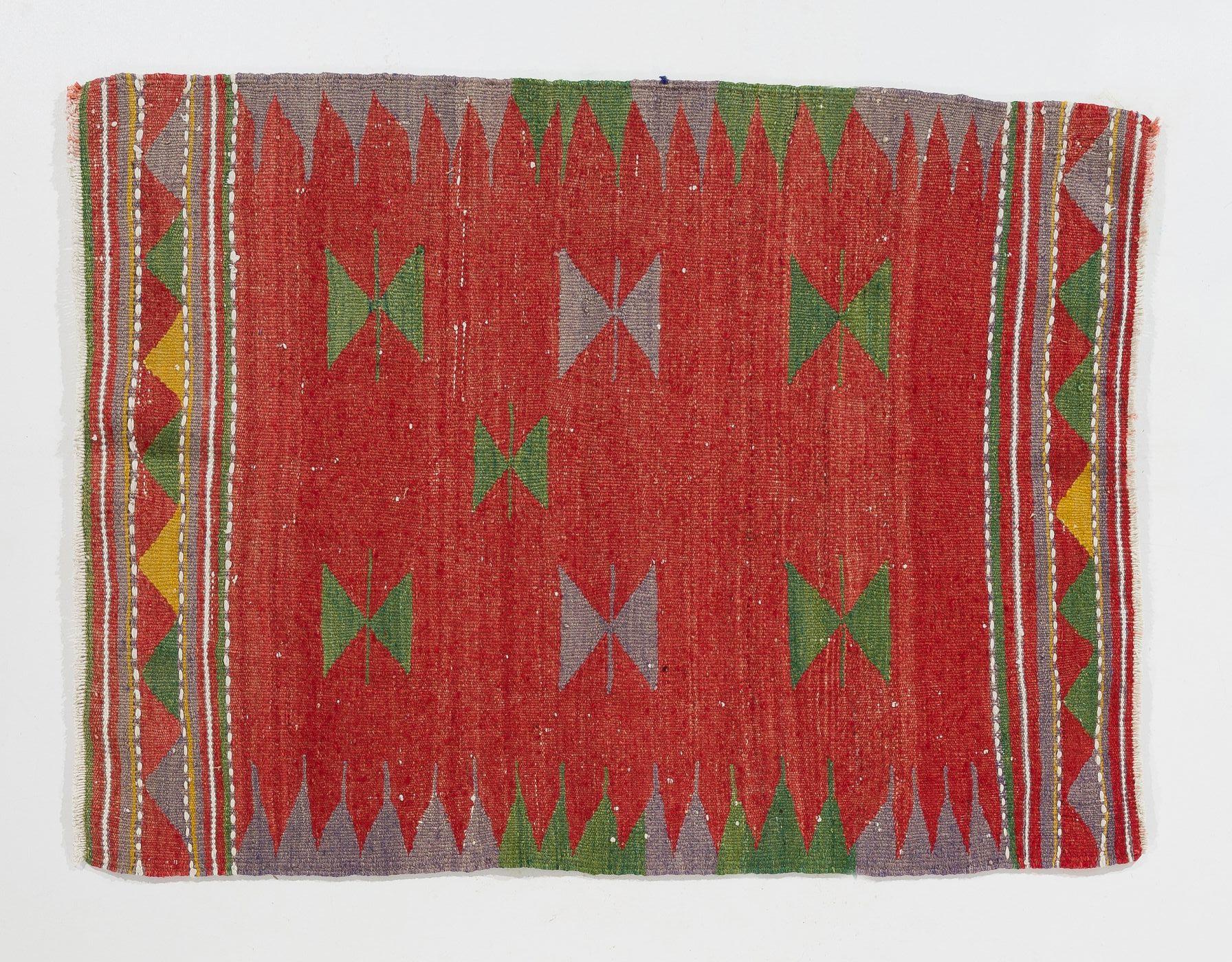 Hand-Woven 3.2x4.2 ft Vintage Swedish Kilim. Flat-Weave Rug in Red, Green, Yellow & Gray
