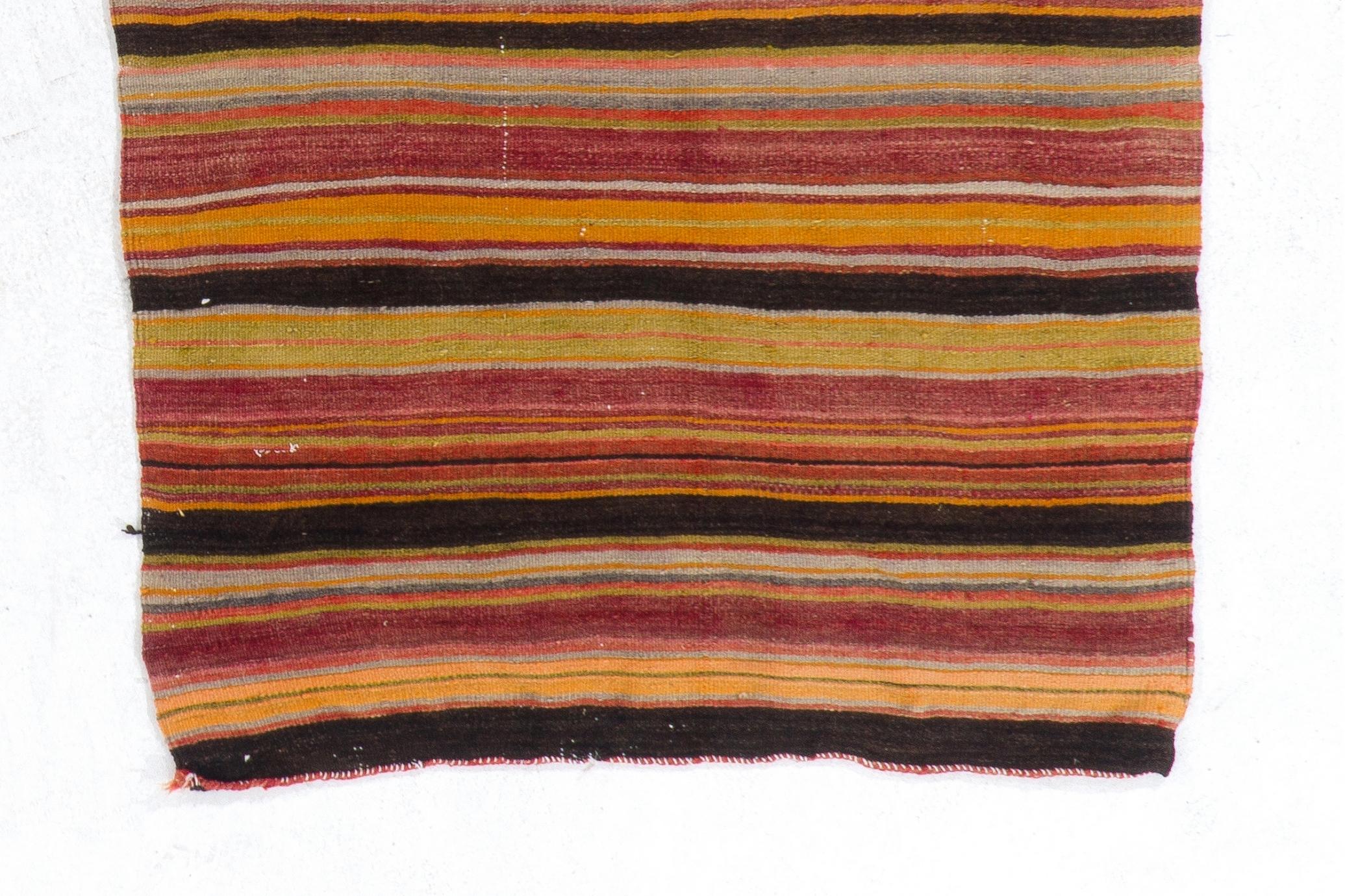 Hand-Woven 3.2x4.3 ft Vintage Striped Handwoven Turkish Wool Accent Kilim / Flat-Weave For Sale
