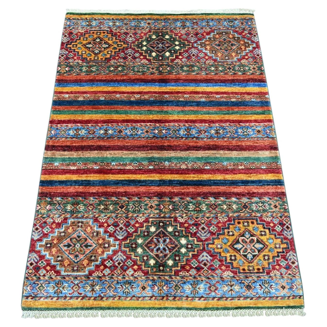 3'2"x4'6" Colorful Natural Wool Hand Knotted Afghan Super Kazak Oriental Rug