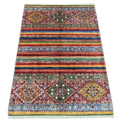 100 x 140 cm, farbenfroher, handgeknüpfter Orientteppich aus natürlicher Wolle, Super-Kazak-Stil
