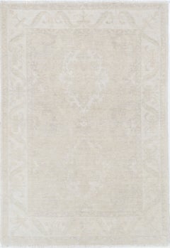 3.2x4.6 ft Hand Knotted Beige Oushak Rug with All-Over Floral Design. 100% Wool