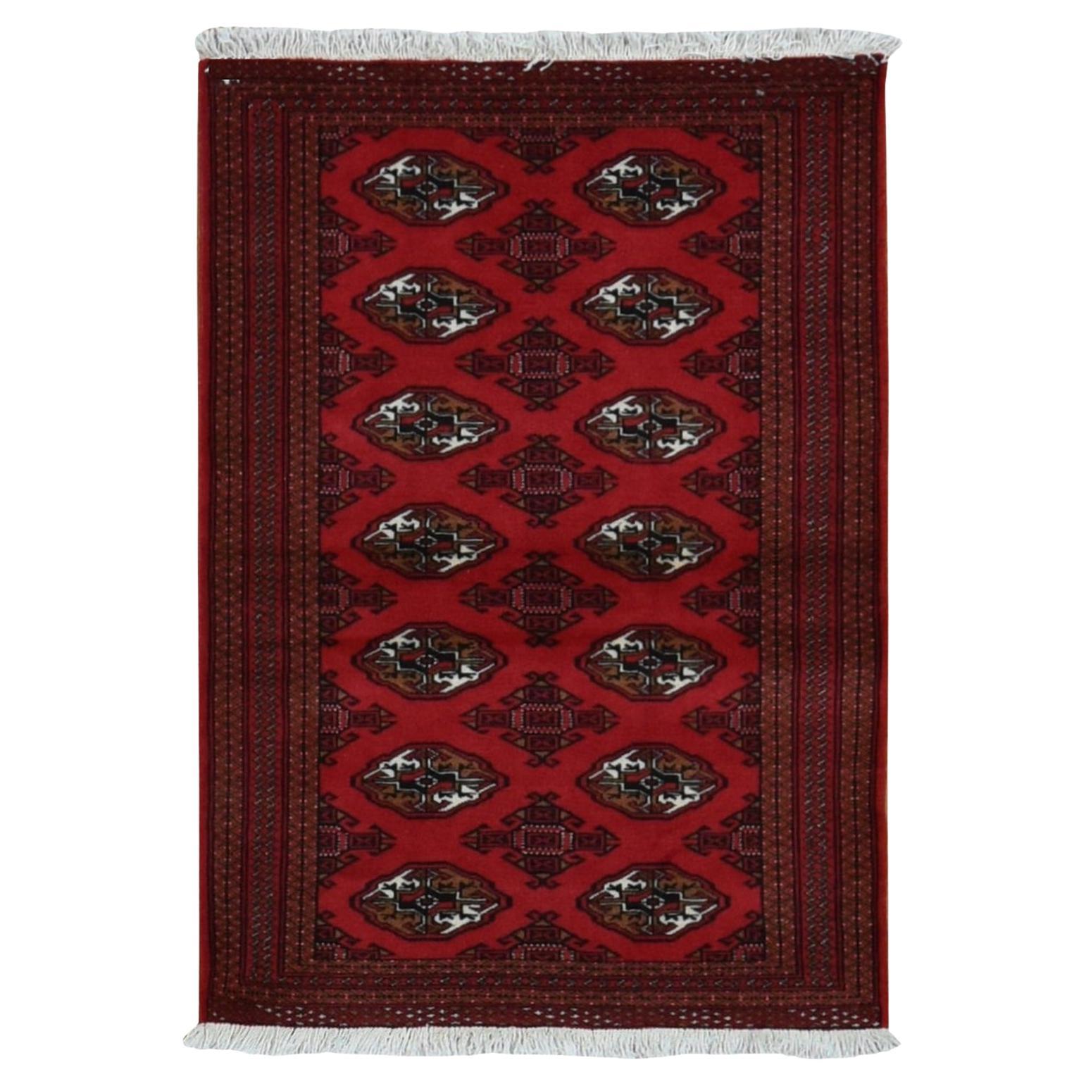 3'2 "x4'8" Rojo Carmesí Nueva Alfombra Persa Turcomana Bokara Pura Lana Anudada a Mano