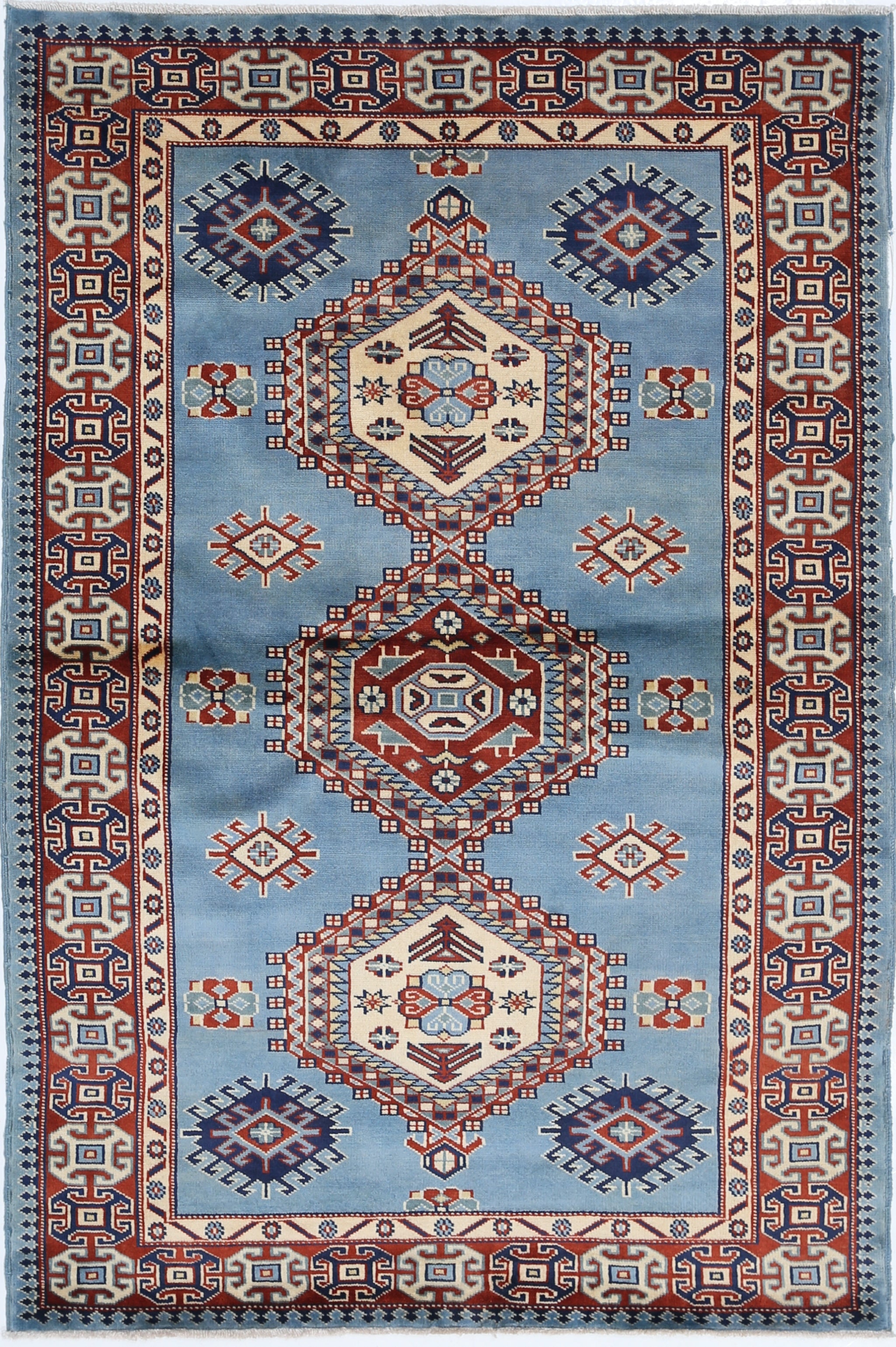 3.2x4.8 ft Hand Knotted Light Blue, Red, Ivory Wool Accent Rug with Tribal style