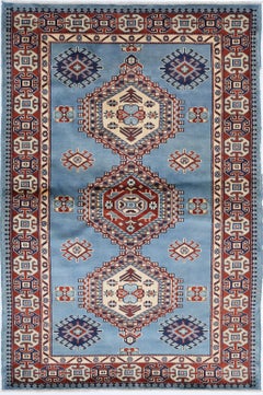 3.2x4.8 ft Hand Knotted Light Blue, Red, Ivory Wool Accent Rug with Tribal style