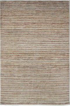 3.2x4.8 ft Handknotted Ivory, Beige and Red Area Rug. Striped Pattern Accent Rug