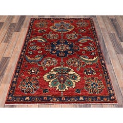 3'2"x4'9" Ajax Red Heriz Design Aryana Grade Hand Knotted Pure Wool Oriental Rug