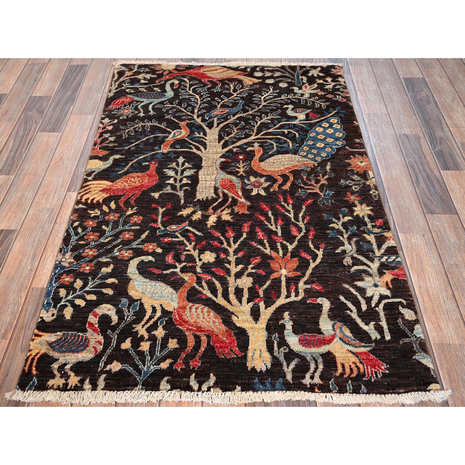 Brun chocolat, Birds of Paradise Design, teintures végétales, qualité Aryana, laine de haute montagne, noué à la main, poil doux, densément tissé, tapis oriental
Matières premières : Laine
Latex : Pas de poils 
hauteur : 0,25 pouces
Style :