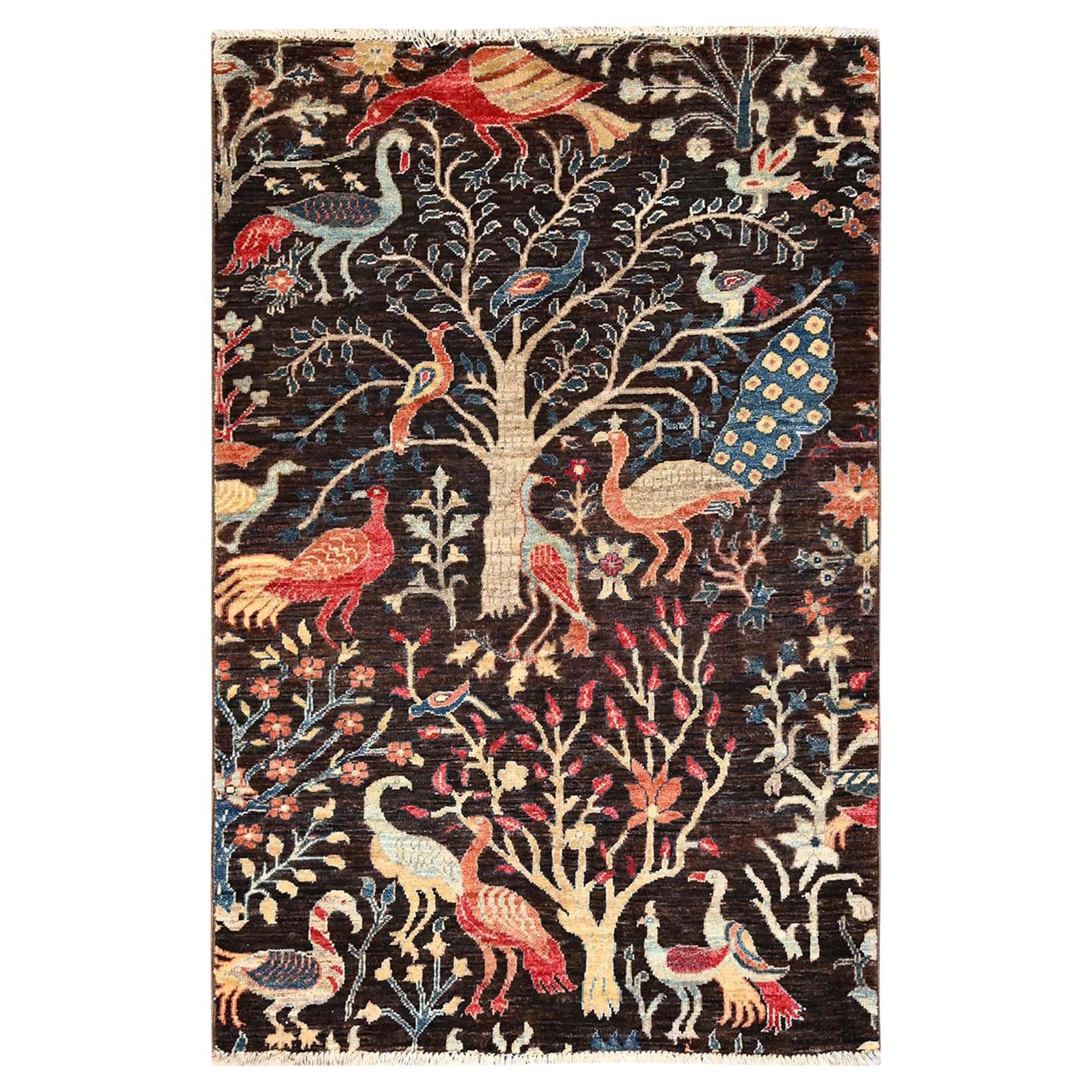 3
2"x4
9" Brown Birds of Paradise Design Aryana Grade Hand Knotted Pure Wool Rug
