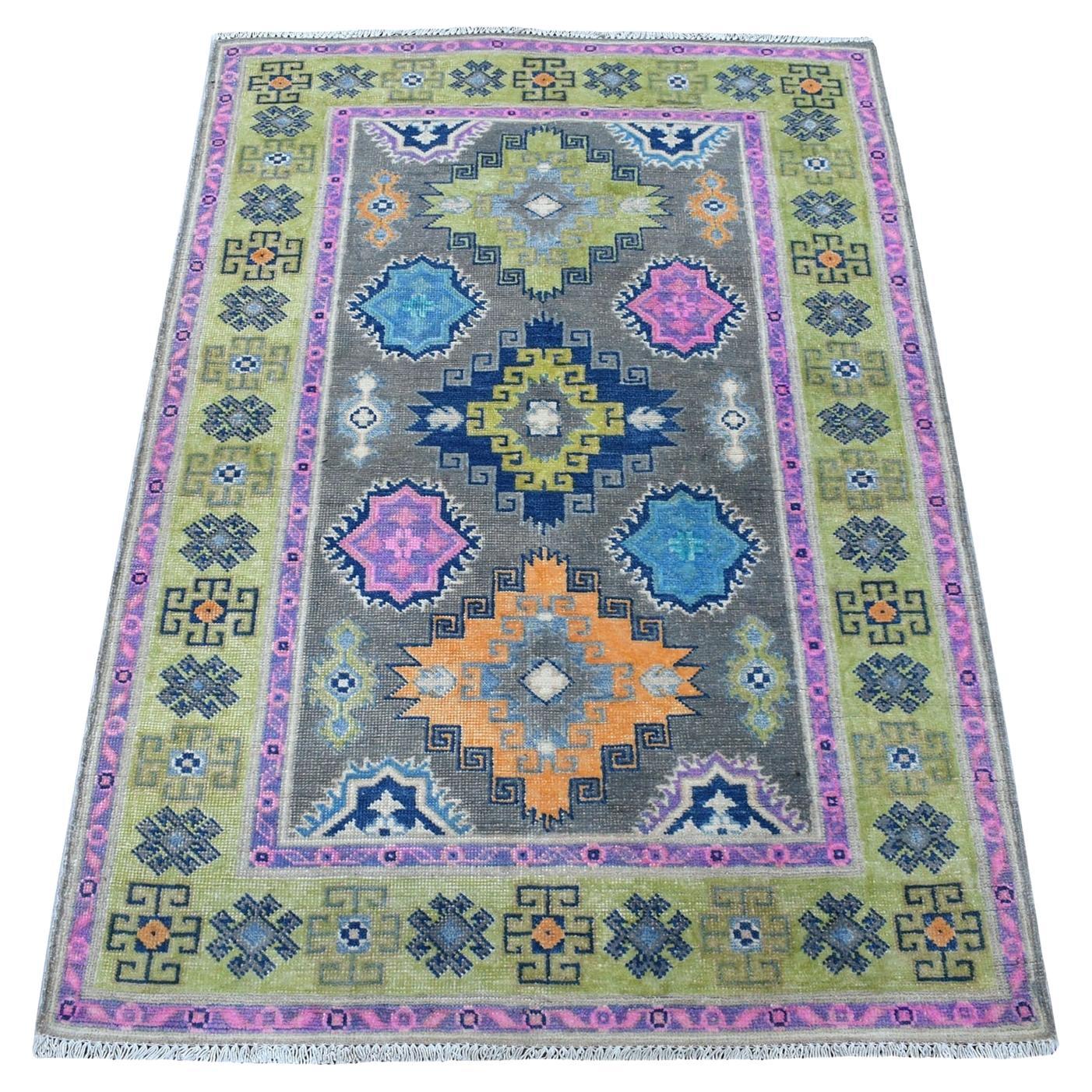 3
2"x4
9" Colorful Gray Fusion Kazak Organic Wool Hand Knotted Oriental Rug For Sale