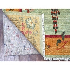 3'2"x4'9" Green Chinese Art Deco Inspired Peshawar Hand Knotted Soft Wool Rug
