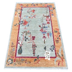 3'2"x4'9" Green Chinese Art Deco Inspired Peshawar Hand Knotted Soft Wool Rug