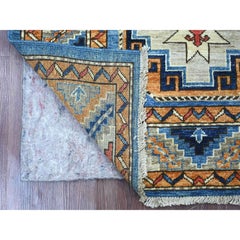 3'2"x5' Blue Afghan Ersari with Elephant Feet Design Hand Knotted All Wool Rug