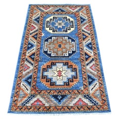 3'2 "x5' Blauer afghanischer Ersari mit Elefantenfuß-Design Handgeknüpfter Teppich aus reiner Wolle
