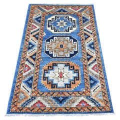 3'2"x5' Blue Afghan Ersari with Elephant Feet Design Hand Knotted All Wool Rug