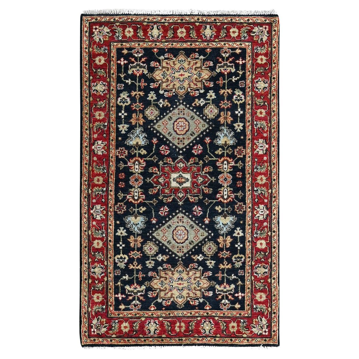 3'2 "x5' Negro Denim, Diseño Karajeh, Alfombra Oriental Anudada a Mano de Lana Pura