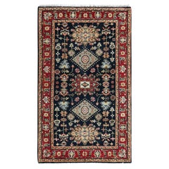 3'2"x5' Denim Black, Karajeh Design, Pure Wool Hand Knotted Oriental Rug