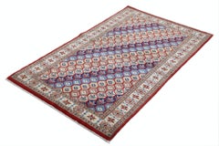 Tappeto per l'area rosso, avorio e blu navy annodato a mano 3.2x5 ft con design a reticolo esagonale