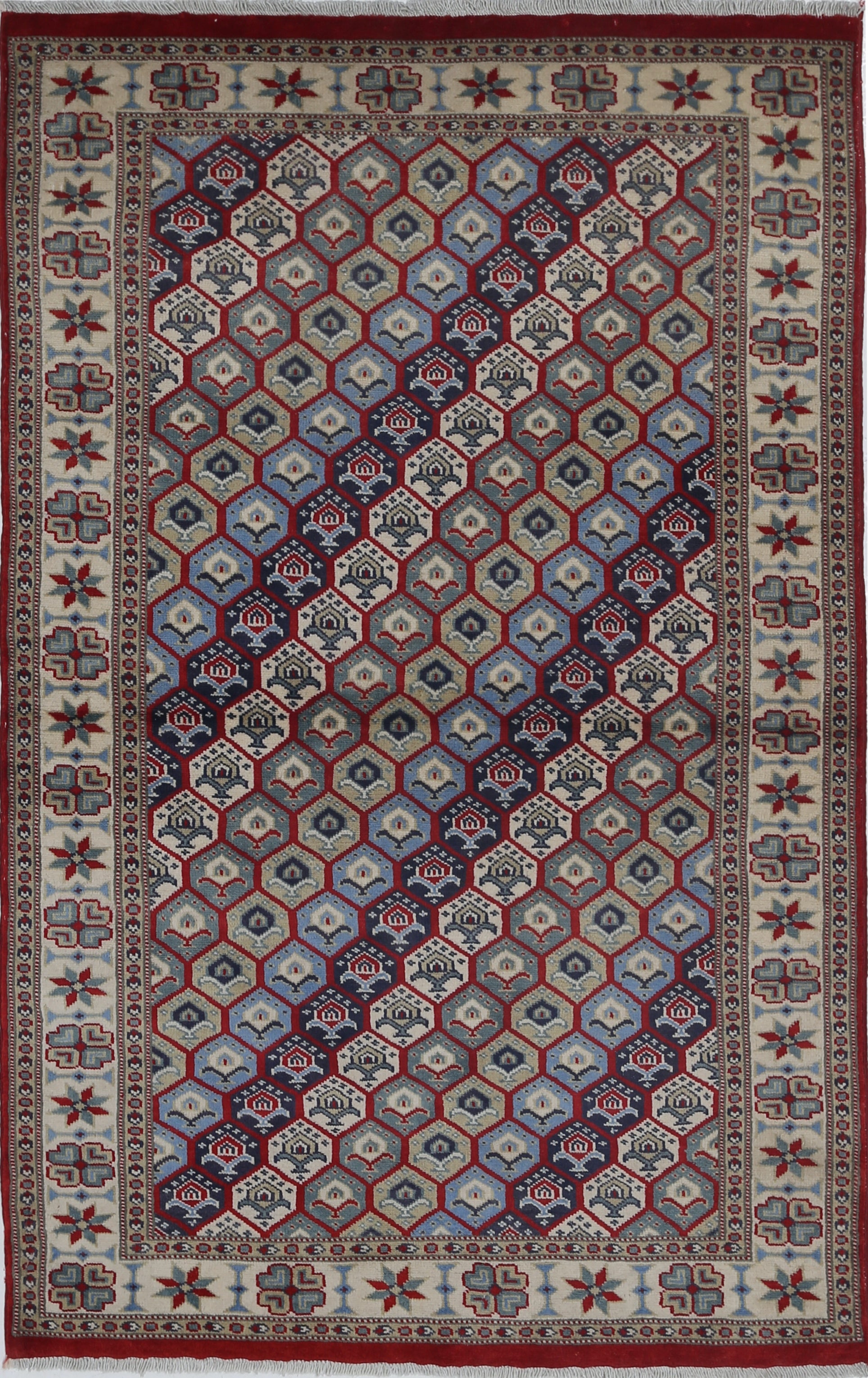 3.2x5 ft Hand Knotted Red, Ivory, Navy Blue Area Rug with Hexagon Lattice Design For Sale