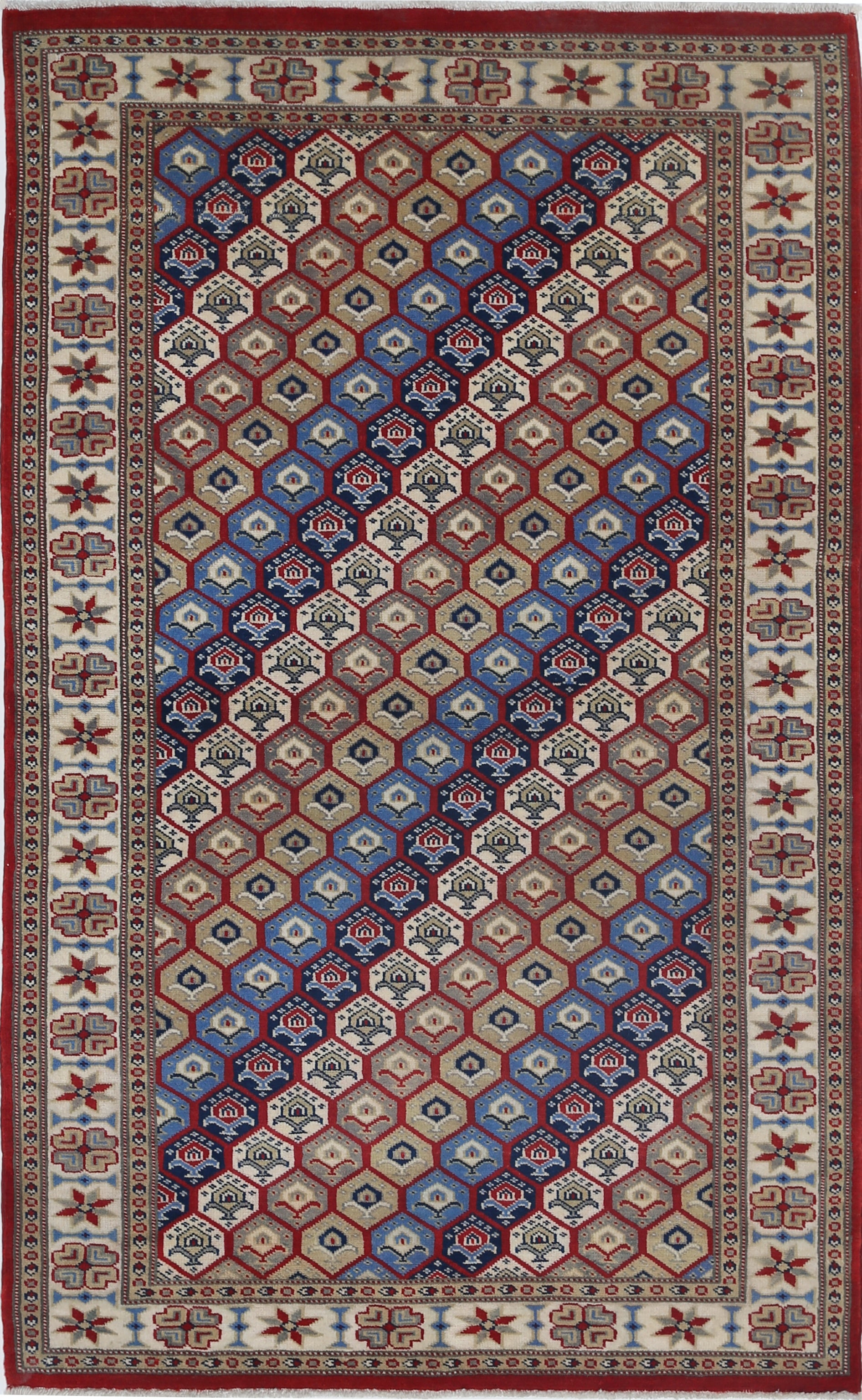 3.2x5 ft Hand Knotted Red, Ivory, Navy Blue Area Rug with Hexagon Lattice Design