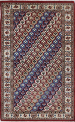 Tappeto per l'area rosso, avorio e blu navy annodato a mano 3.2x5 ft con design a reticolo esagonale