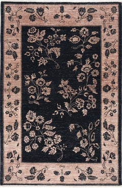 Tappeto d'area nero annodato a mano 3.2x5 ft, Blush. Tappeto con motivi floreali in stile Oushak