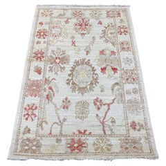 3'2 "x5' Ivory Afghan Angora Oushak Leaf Design/One Tappeto orientale in lana annodato a mano