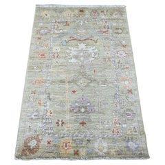 3'2 "x5' Laurel Green Afghan Angora Oushak Leaf Design Hand Knotted Wool Rug
